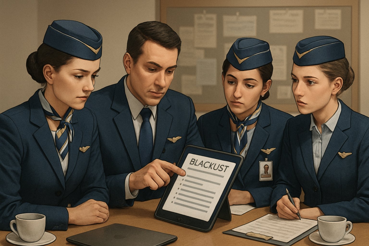 Flight attendants in a lounge reviewing a list on a tablet and paperwork, discussing passenger information in a serious and discreet manner.