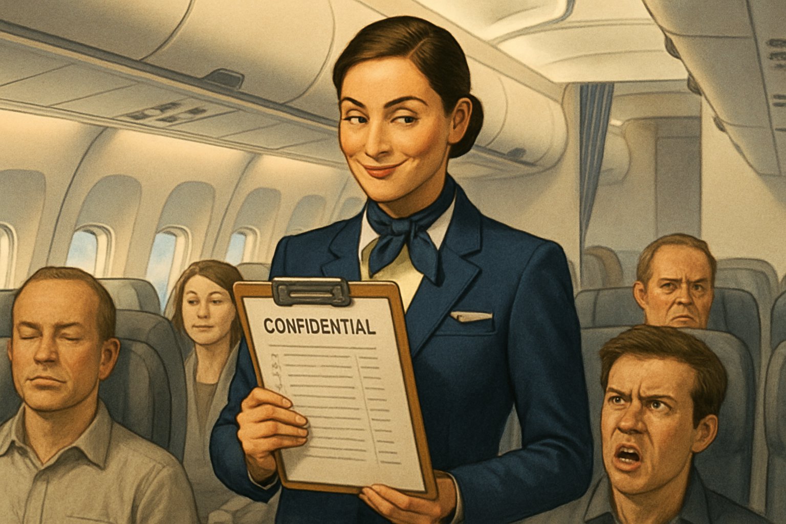 A flight attendant holding a clipboard inside an airplane cabin, with passengers seated around them.