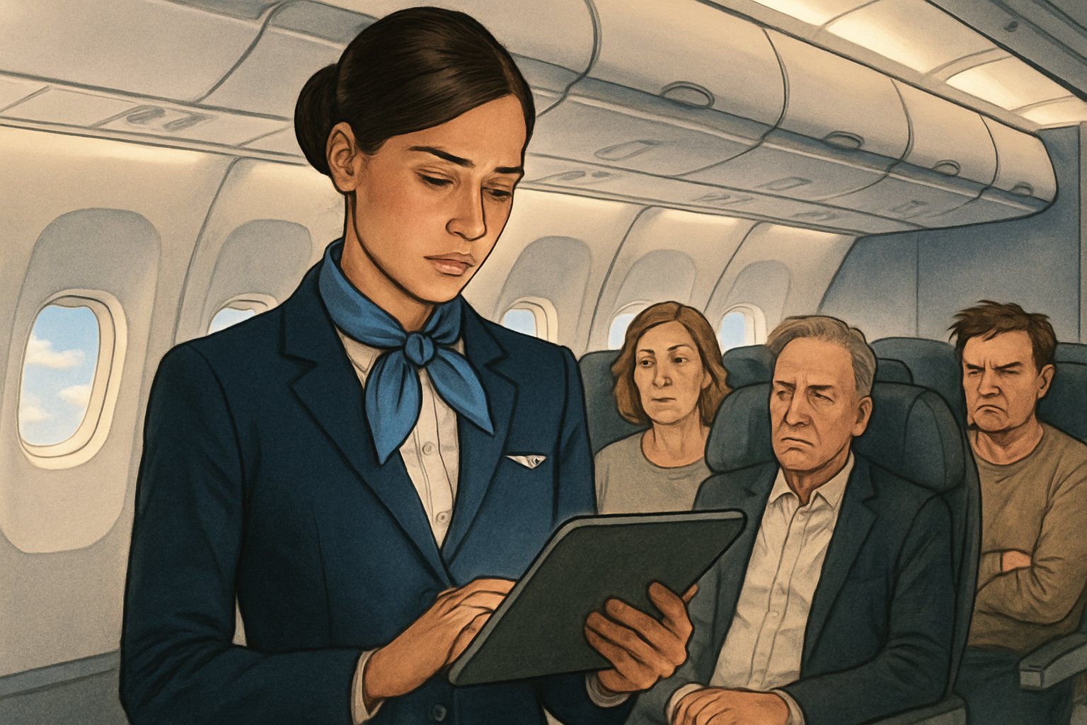 A flight attendant in uniform looks thoughtfully at a tablet inside an airplane cabin with passengers seated around her.
