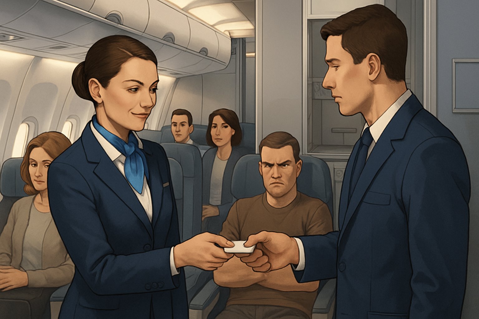 Flight attendants discreetly exchanging a note inside an airplane cabin while passengers sit nearby, some looking upset.