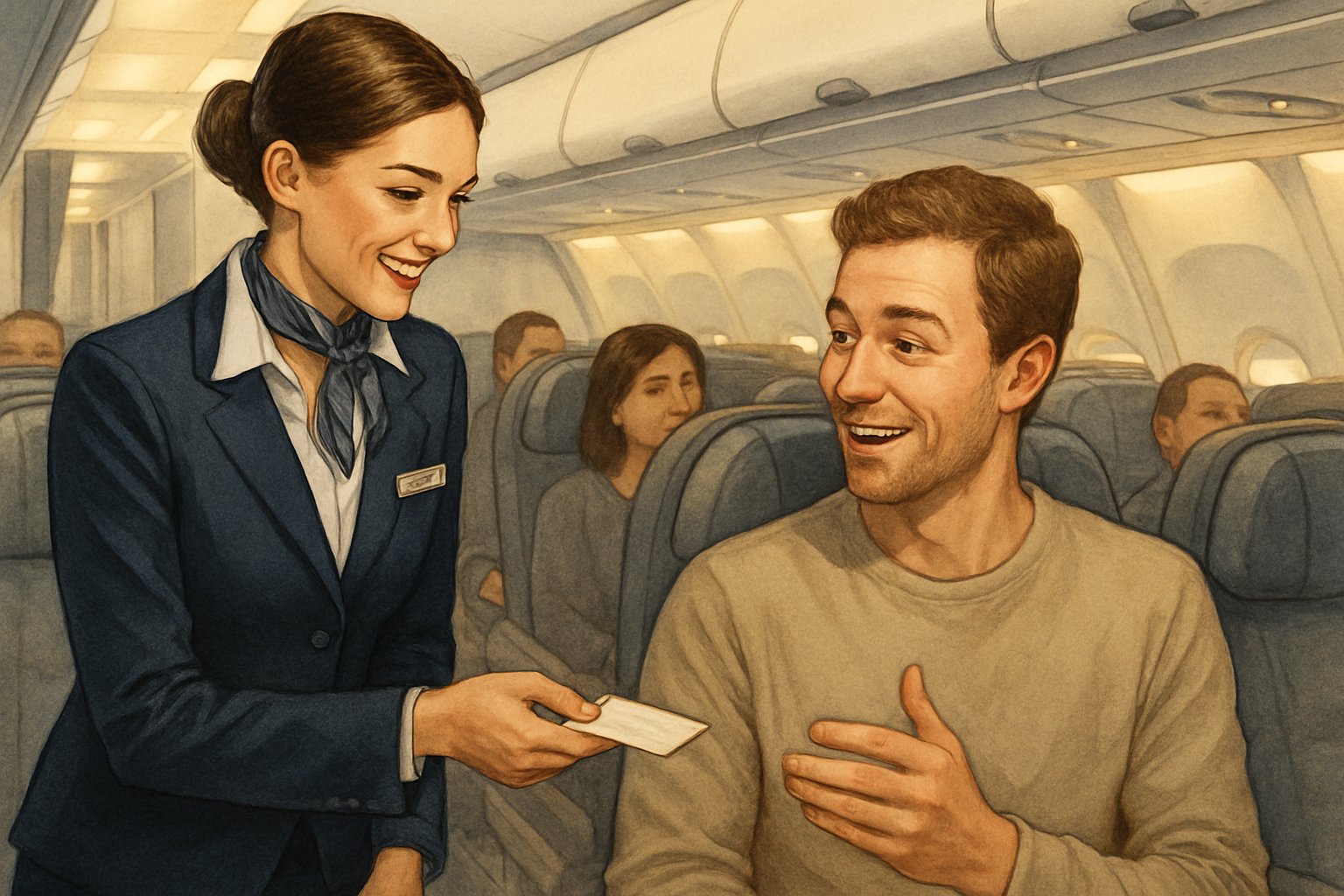 A flight attendant quietly handing a small card to a smiling passenger inside an airplane cabin.