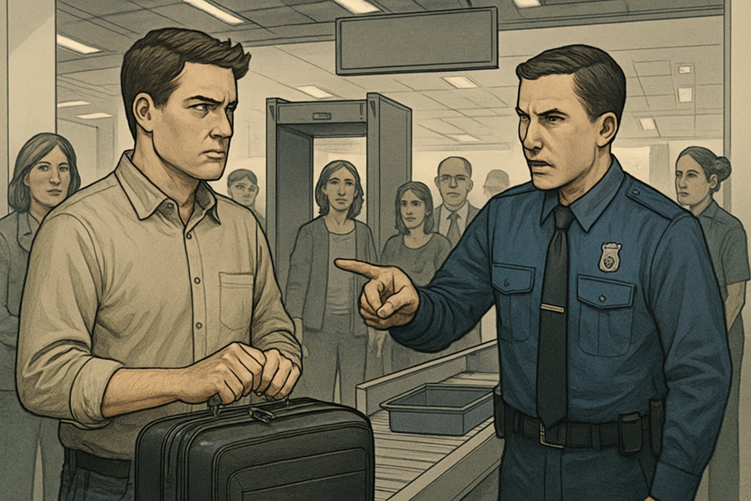 A traveler at an airport security checkpoint refusing to check their bag while a security officer gestures toward it.