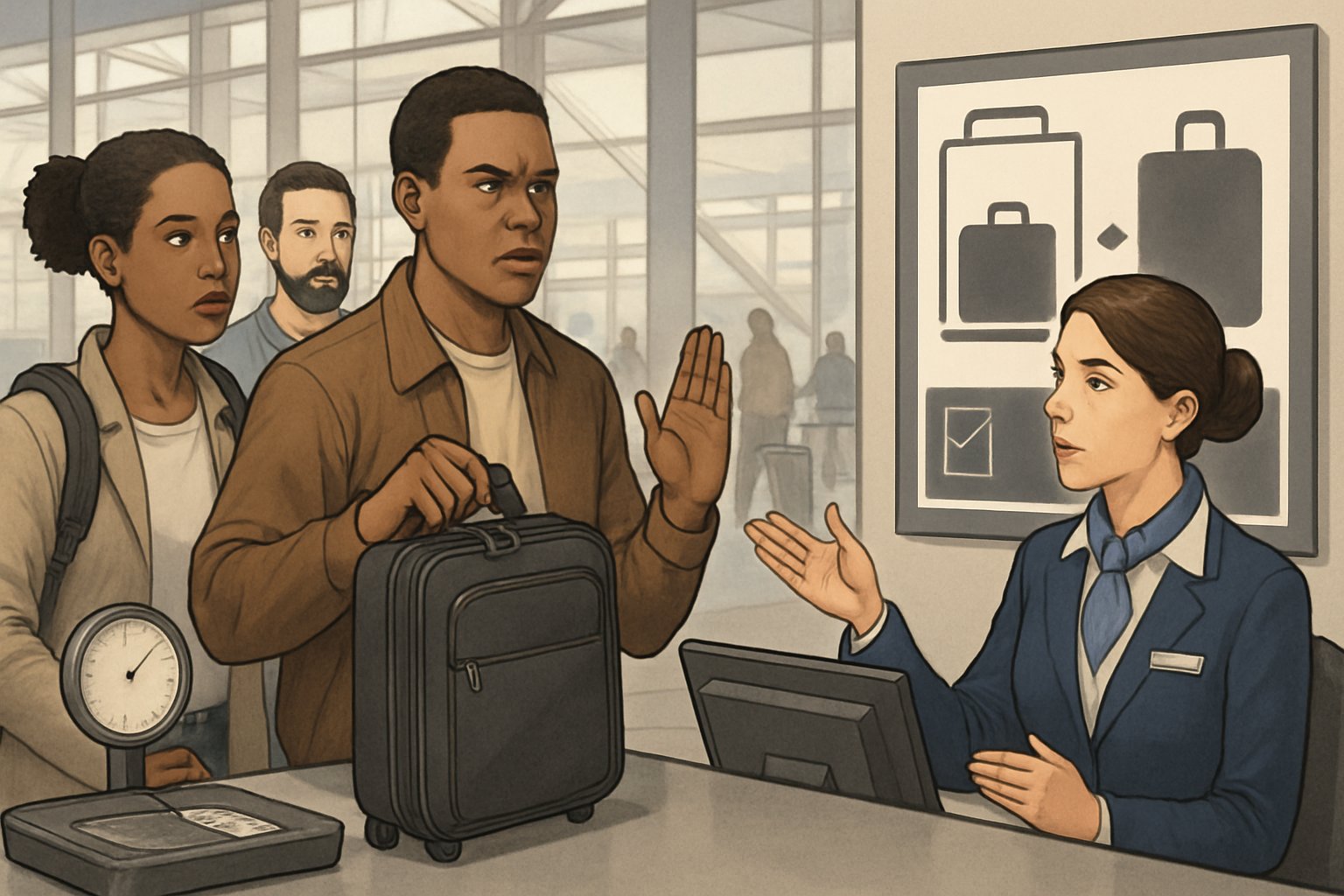 A traveler at an airport check-in counter holding a carry-on bag while an airline employee explains baggage policies to them, with other passengers and luggage visible in the background.