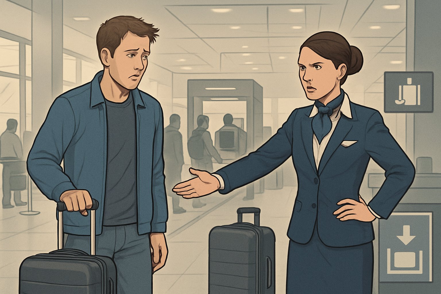 A traveler hesitates with a carry-on bag while an airline staff member gestures toward the baggage drop area at an airport security checkpoint.