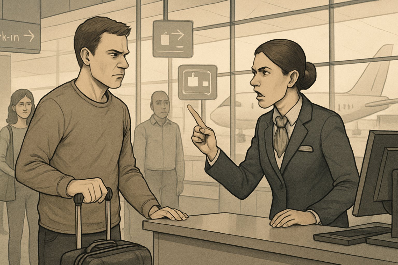 A passenger at an airport check-in counter refusing to check their bag while an airline staff member responds firmly.