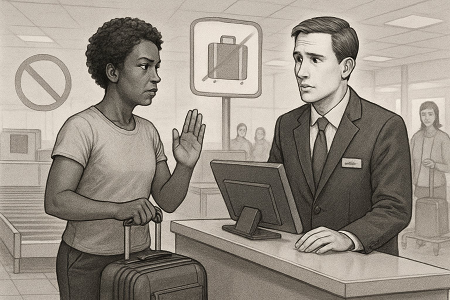 A passenger at an airport check-in counter refusing to check a bag while an airline staff member looks concerned.