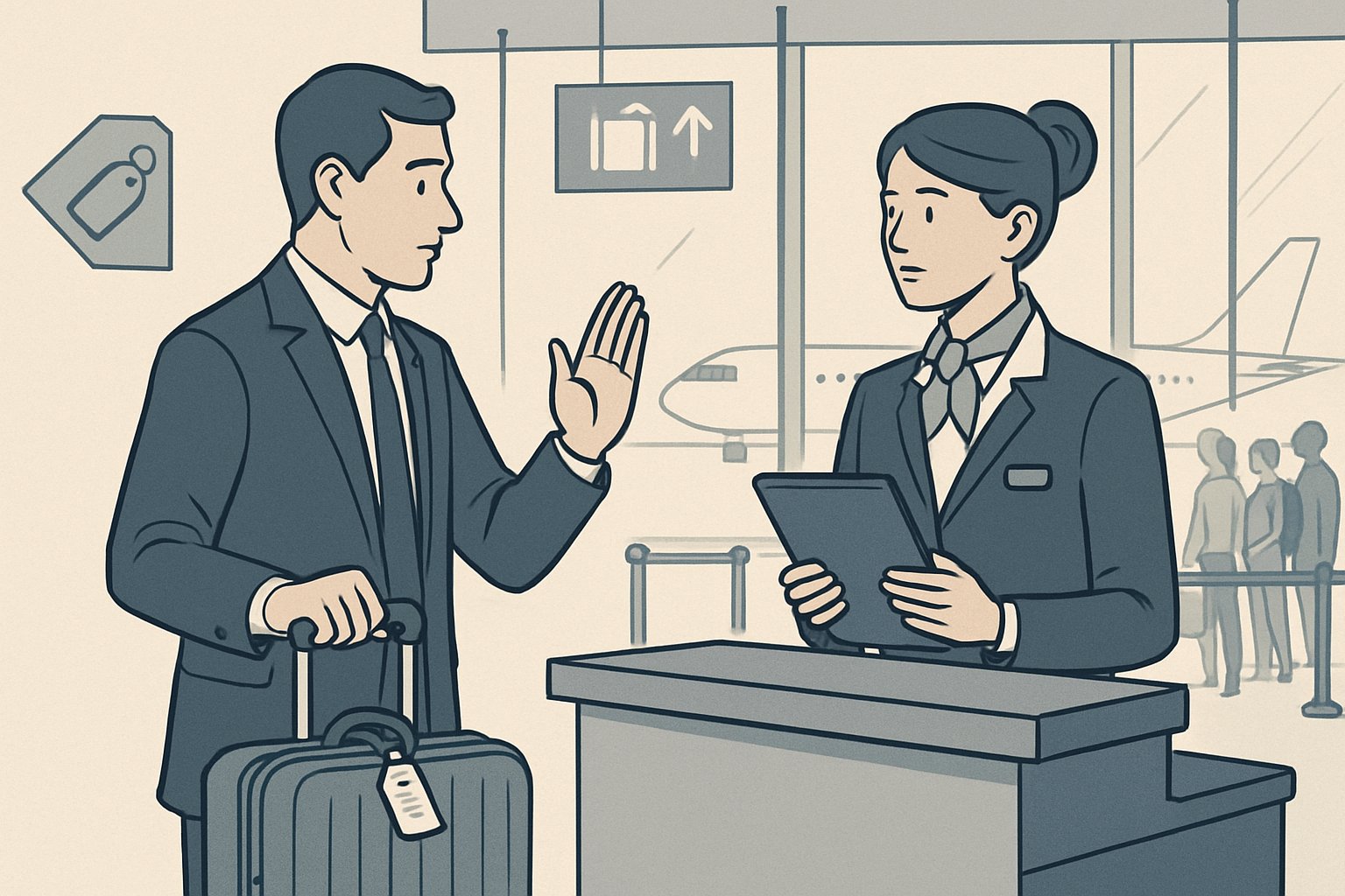 A traveler politely refusing to check their bag at an airport counter while the airline staff listens attentively.