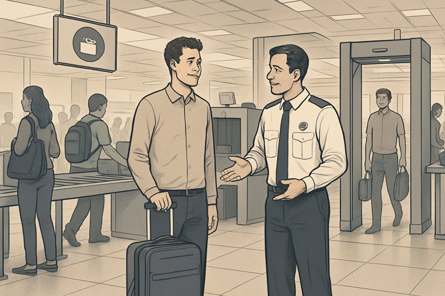 A traveler talks with a security officer at an airport checkpoint next to a carry-on bag, with other passengers and security equipment visible around them.
