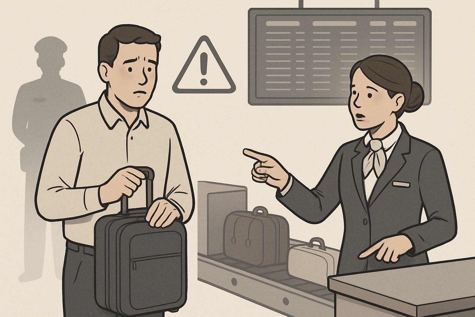 A traveler hesitating to check a bag at an airline check-in counter while an agent points to the luggage conveyor belt.