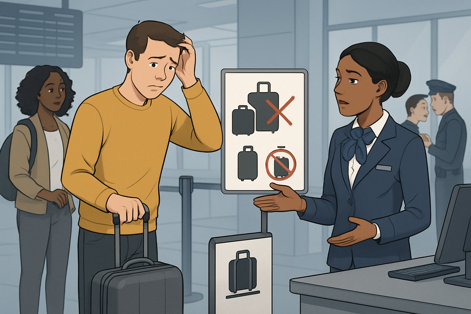 An airport check-in counter where a traveler hesitates to check a bag while airline staff explain luggage rules, with a security officer talking to another passenger nearby.