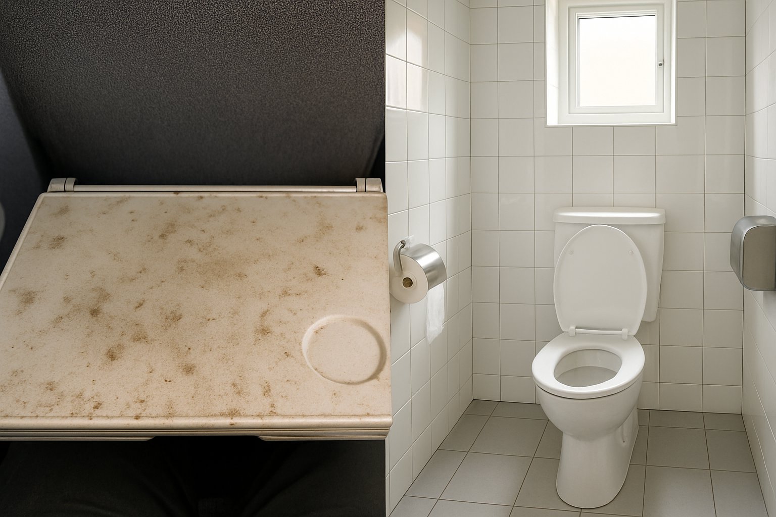 A clean public toilet interior next to a close-up of a dirty airplane tray table.