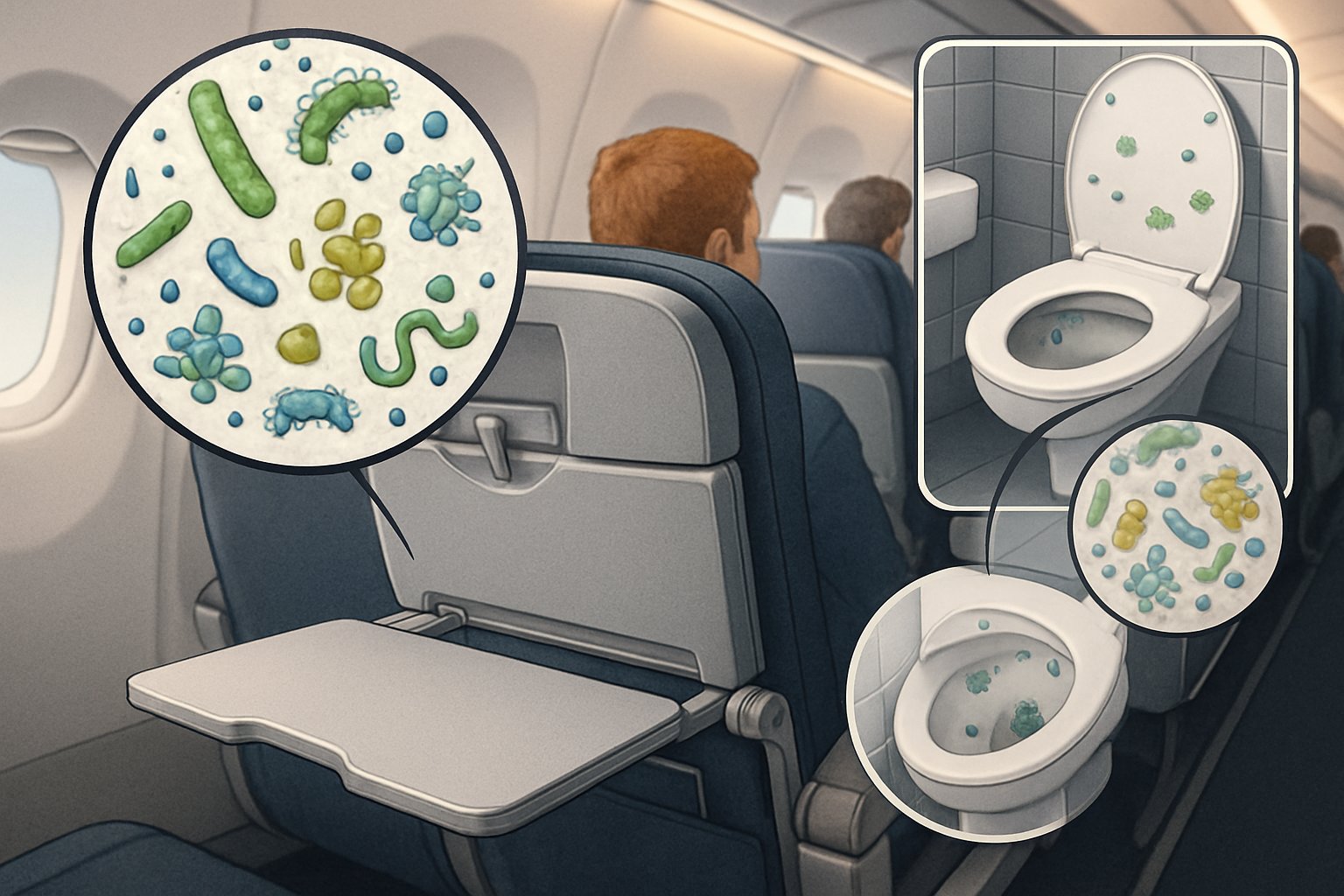 An airplane tray table with magnified germs on its surface, shown alongside a comparison of germs on a public toilet seat.