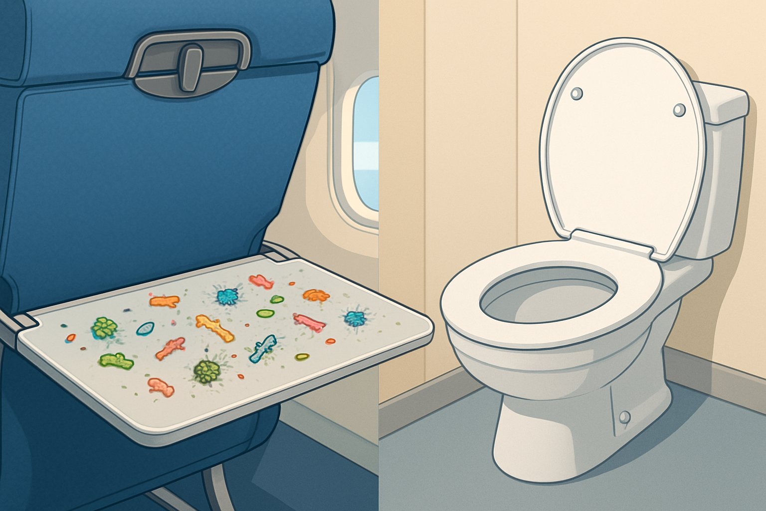 An airplane seat area with a tray table showing visible germs and dirt, compared to a cleaner public toilet seat nearby.