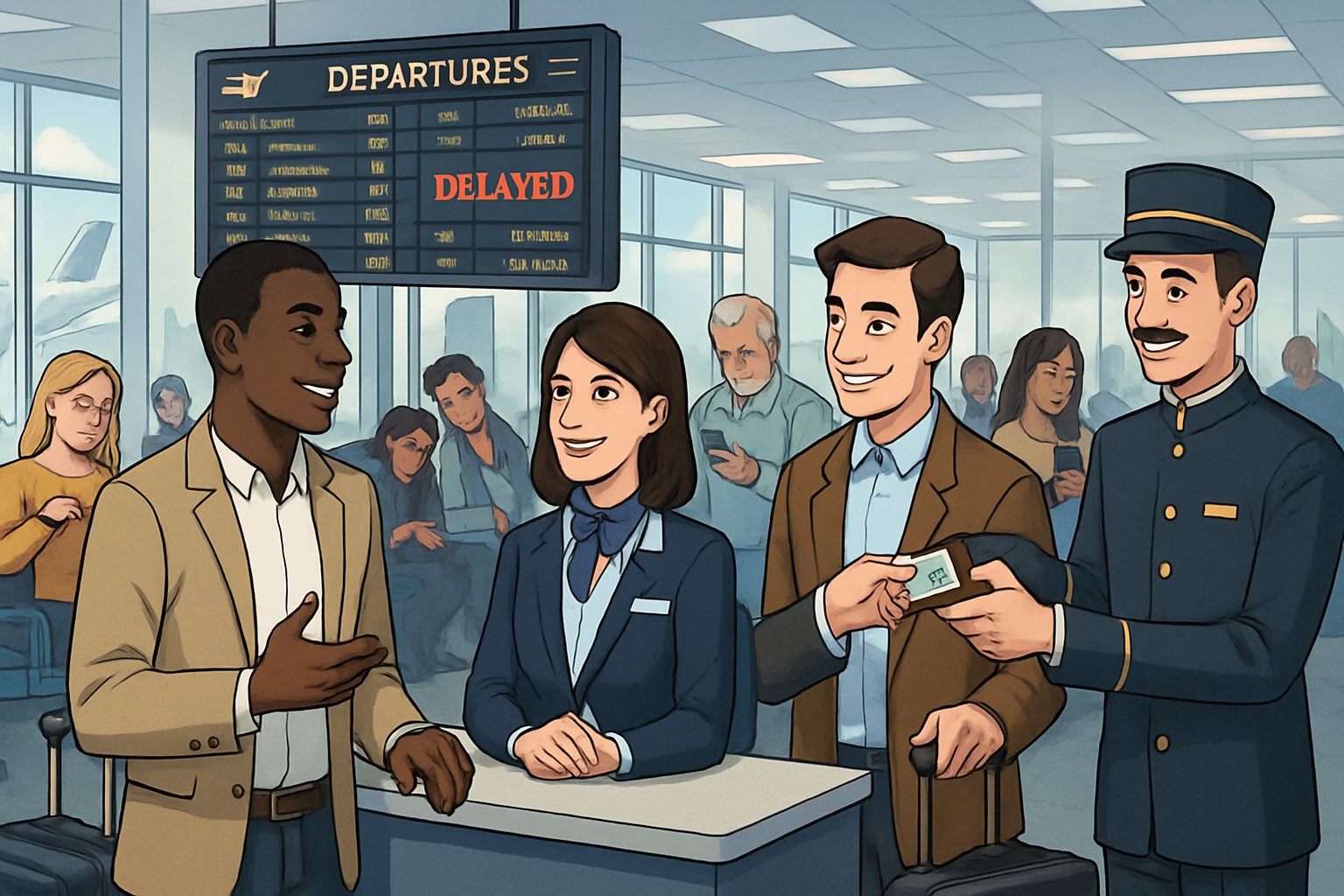 Passengers waiting in an airport lounge with one traveler talking to an airline representative and receiving a hotel room key.