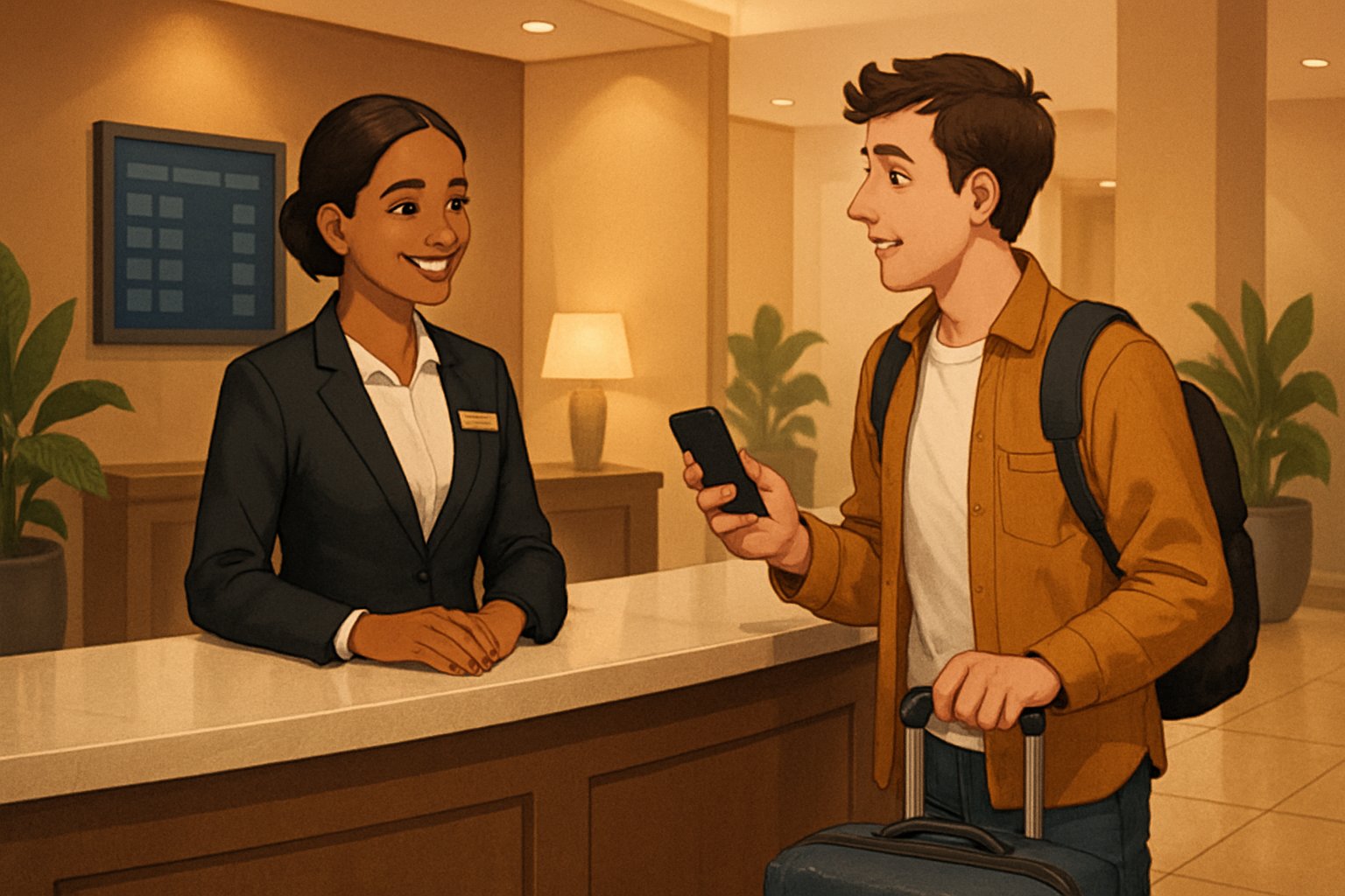 A traveler talking to a hotel receptionist at the front desk in an elegant hotel lobby.