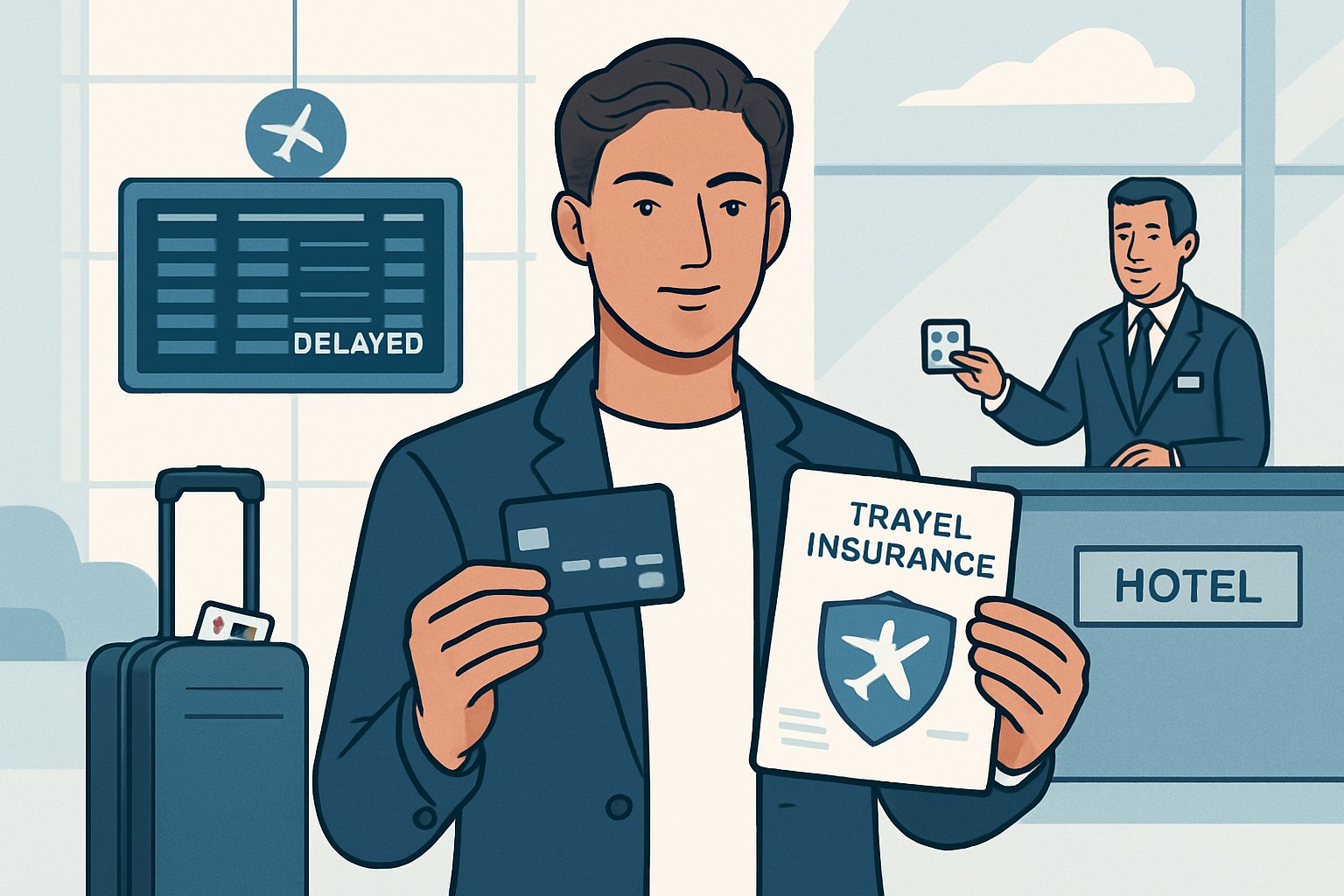 A traveler holding a credit card and travel insurance paper at an airport lounge with a flight delay board and a hotel concierge offering a room key.