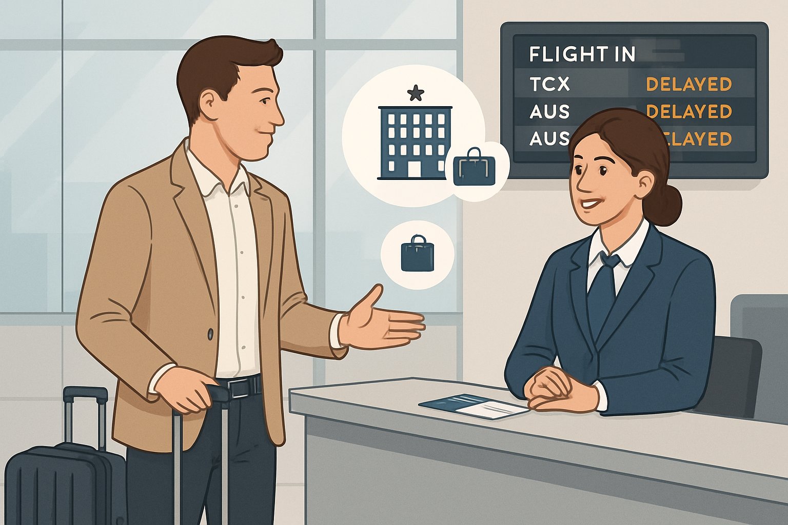 A traveler speaking with an airline representative at an airport customer service desk with a flight delay board in the background.