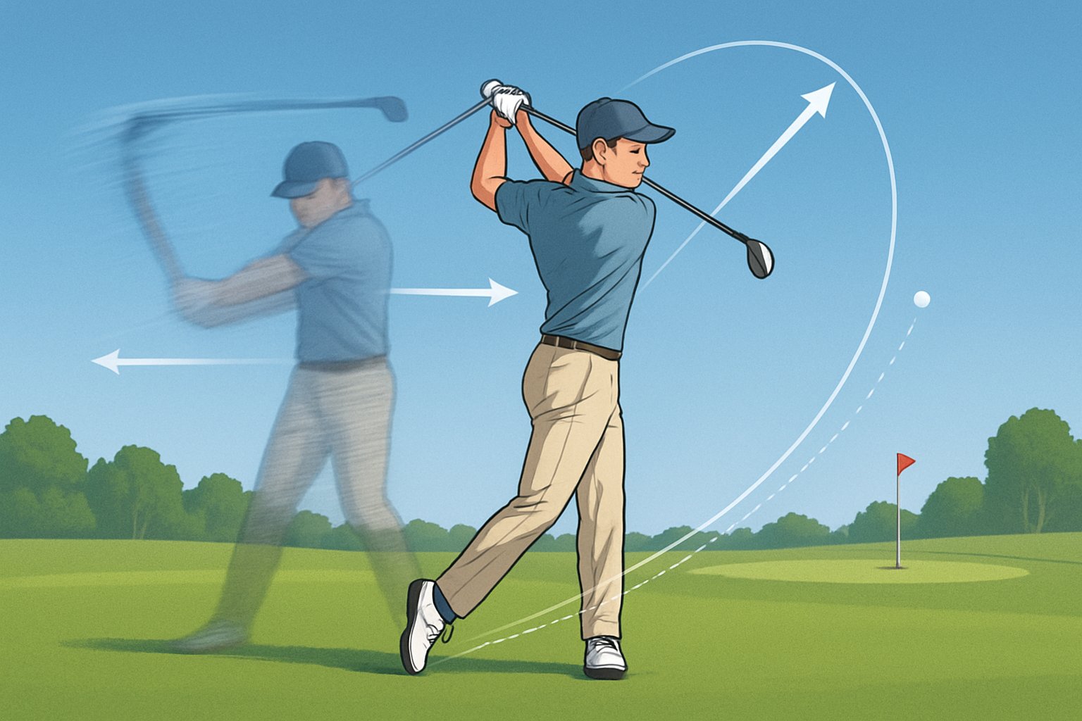 A golfer on a golf course shown swinging a club in two overlapping poses, illustrating the difference between a fast and a slower swing with different ball flight paths.