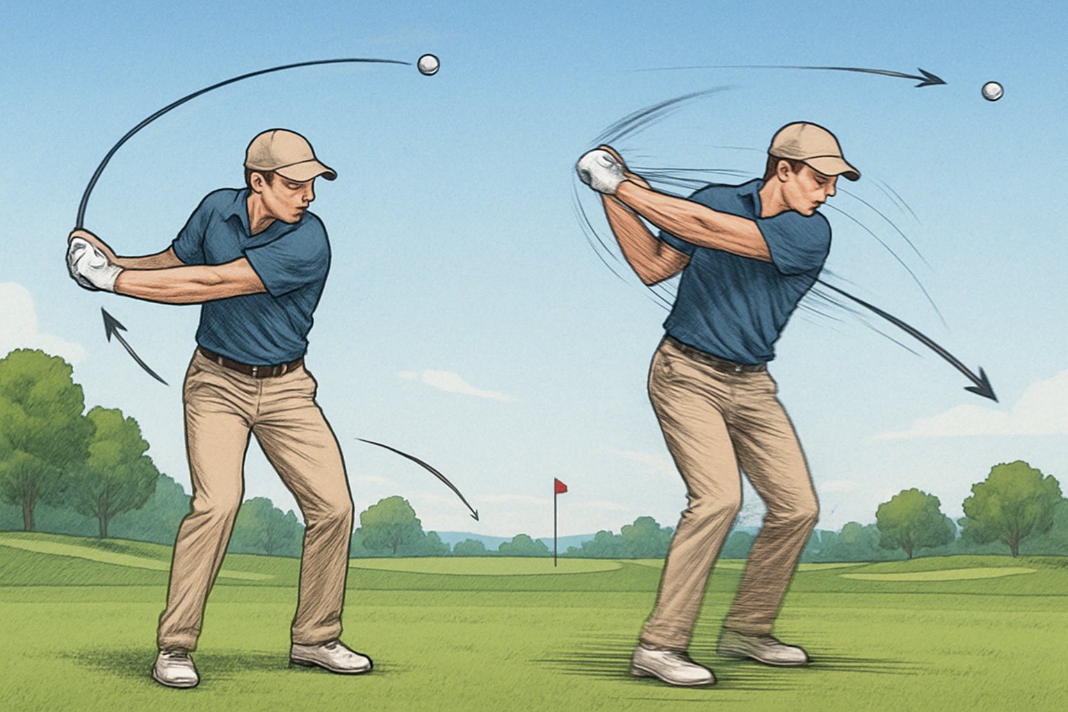 A golfer swinging a club twice side-by-side on a golf course, showing the ball flying farther with a slower swing and shorter with a faster swing.