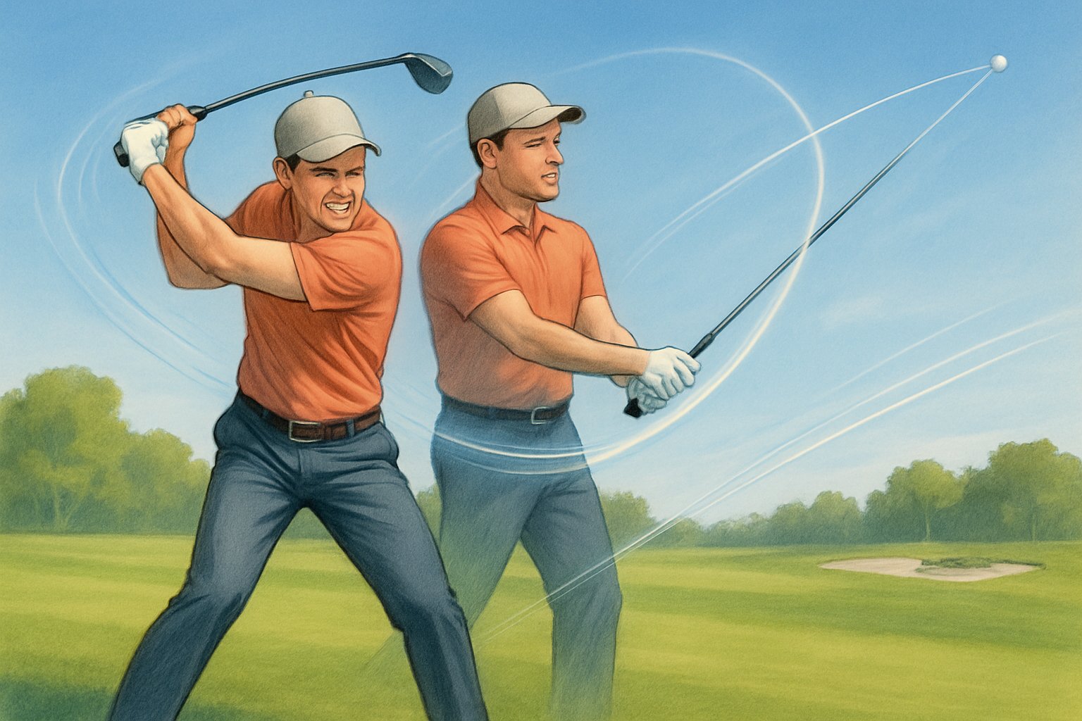 A golfer on a golf course swinging a club slowly and hitting a golf ball farther than a faster swing.