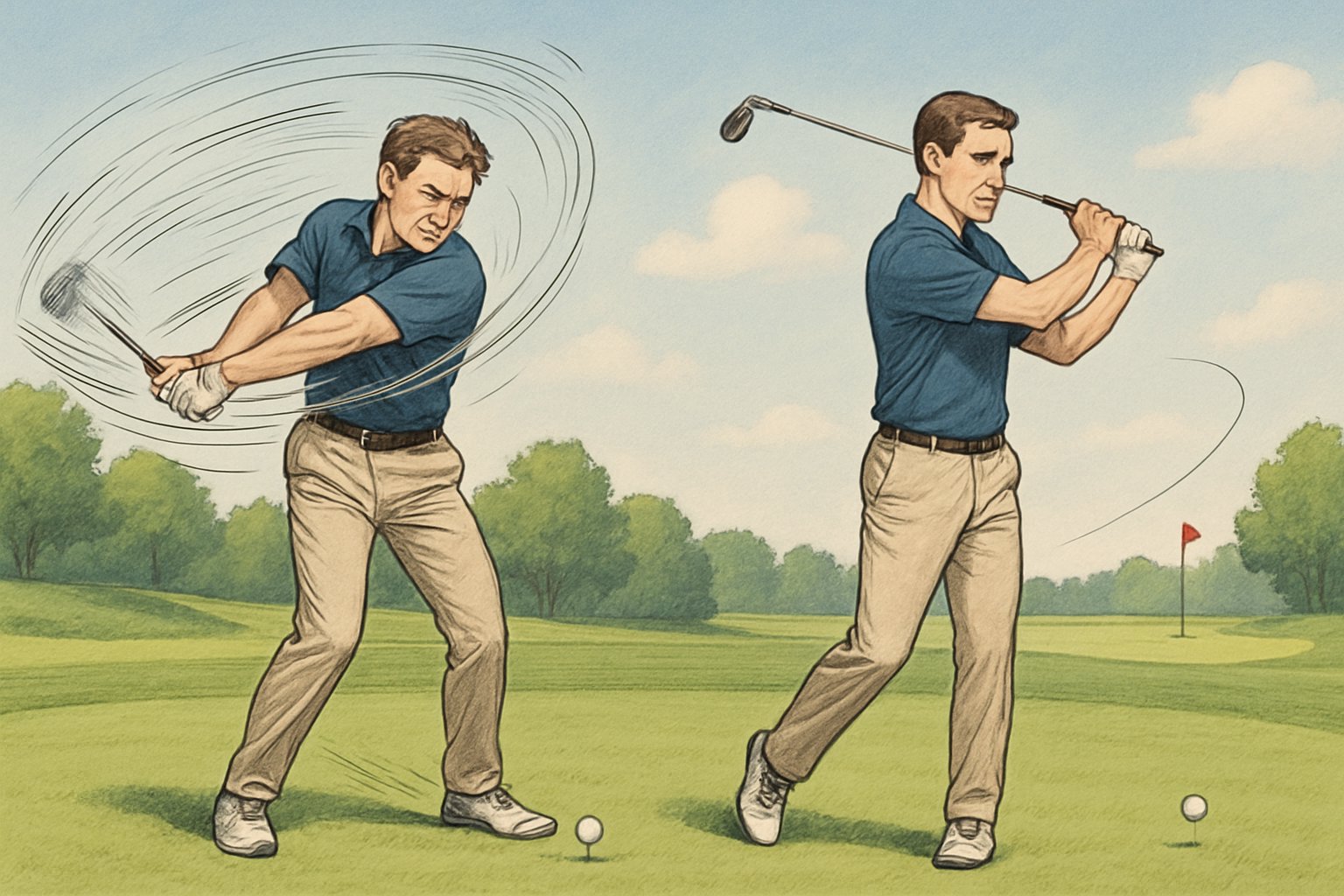 A golfer swinging a club twice, showing a fast swing with a short ball flight and a slower swing with a longer ball flight on a sunny golf course.