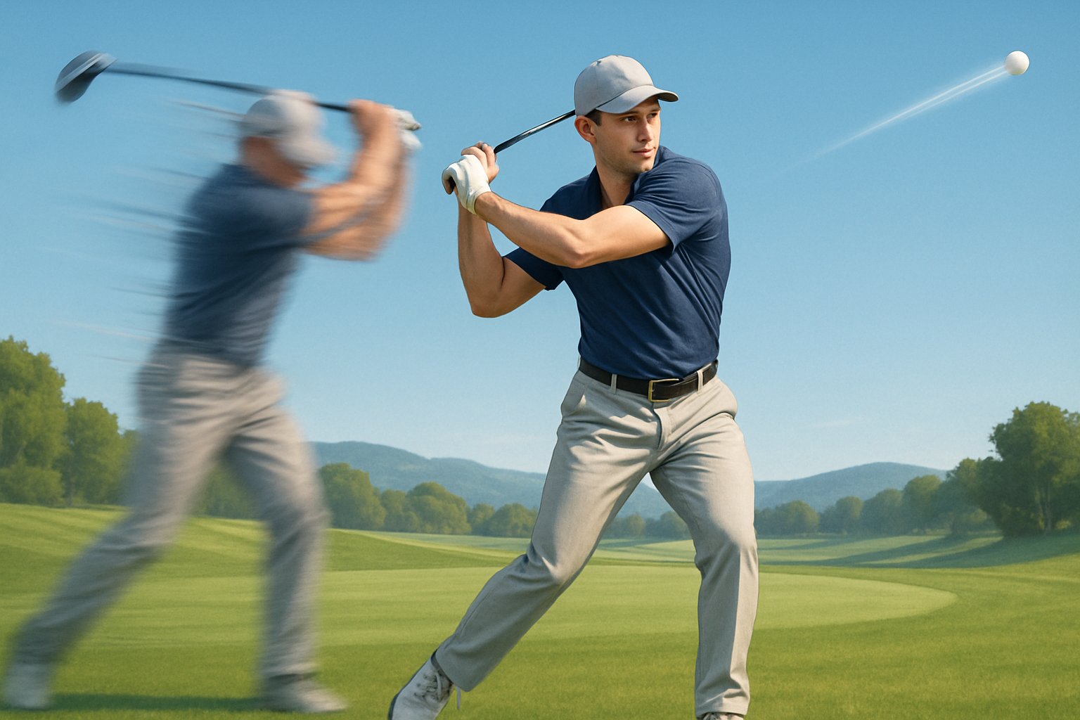 A golfer swinging a club on a green course with two overlapping poses showing fast and slow swings, and a golf ball flying far into the distance.