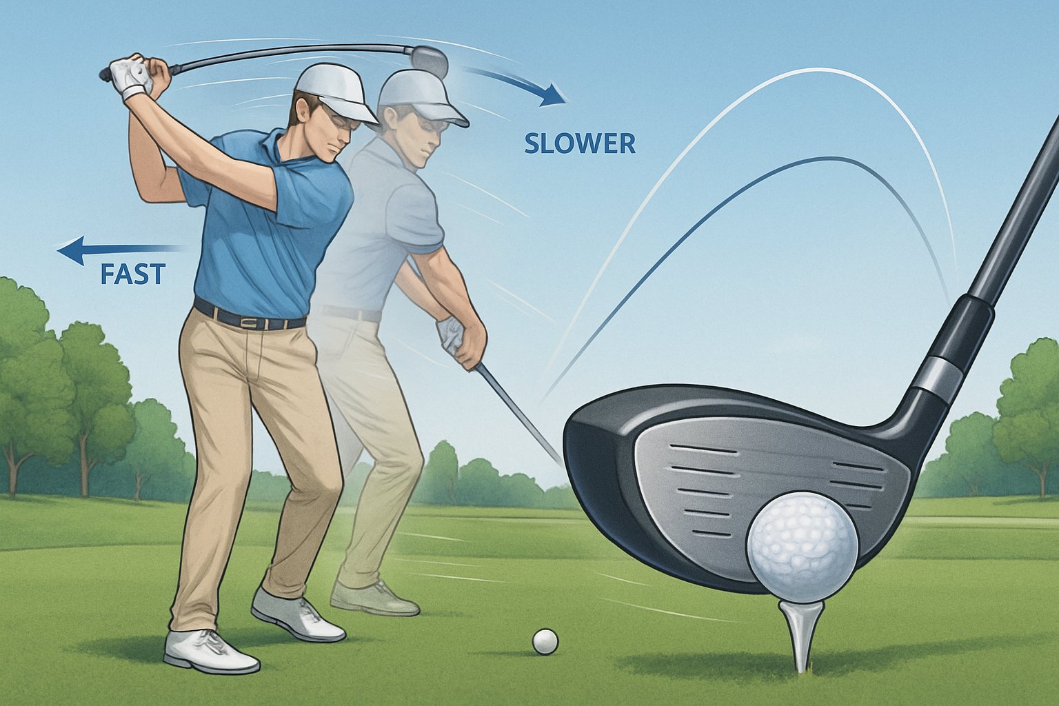 A golfer swinging a club on a golf course with two overlapping poses showing fast and slow swings, golf club and ball close-up, and flight paths illustrating how swing speed affects distance.