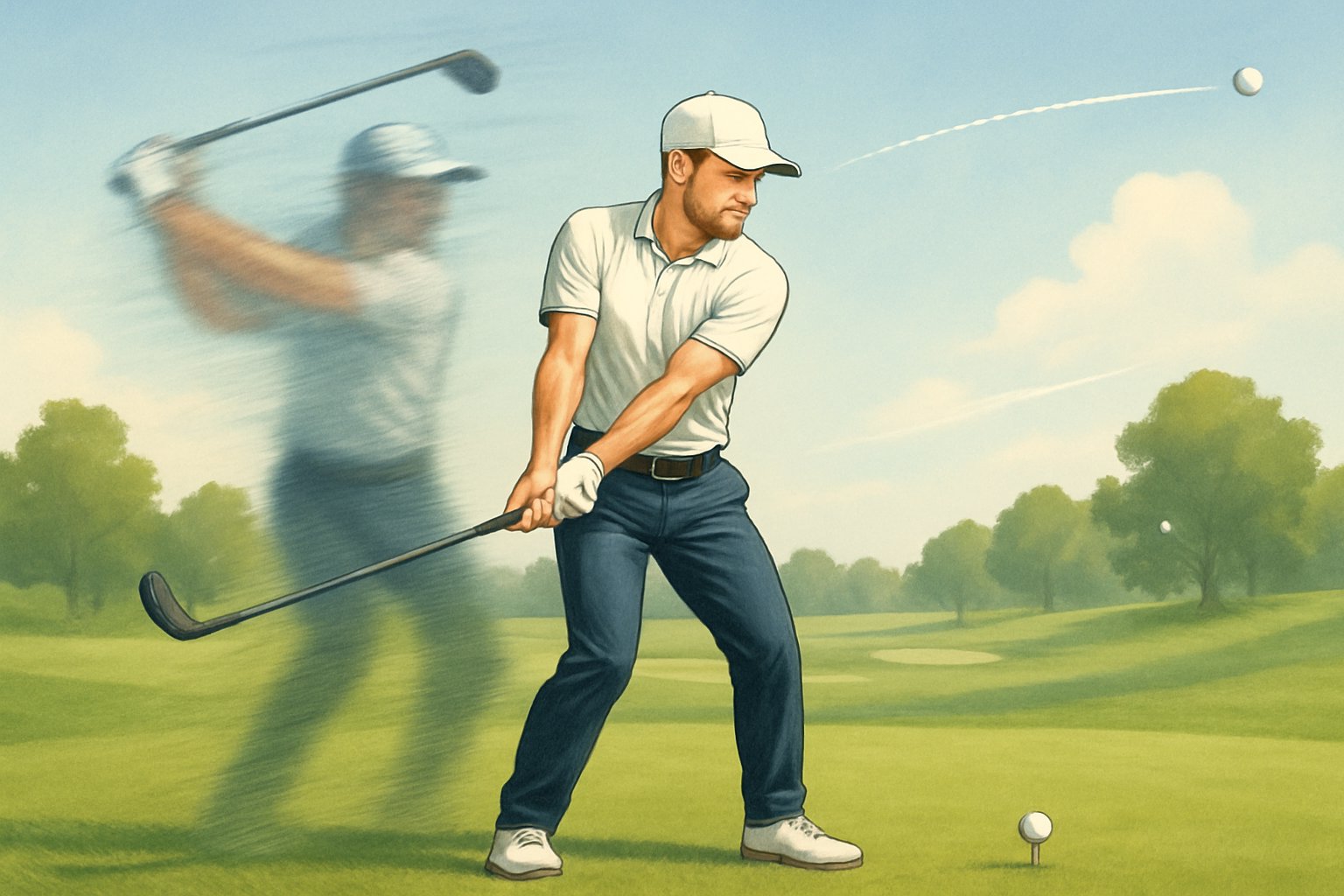 A golfer on a green course shown in two swinging poses, one fast and one slow, with a golf ball flying farther from the slower swing.