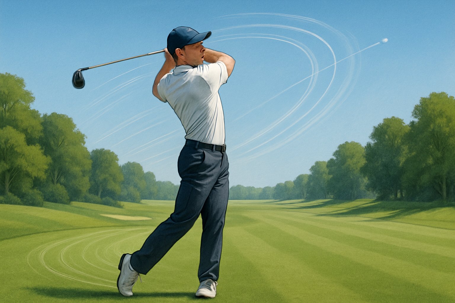 A golfer swinging a club on a green golf course with motion lines showing the swing and ball trajectory.