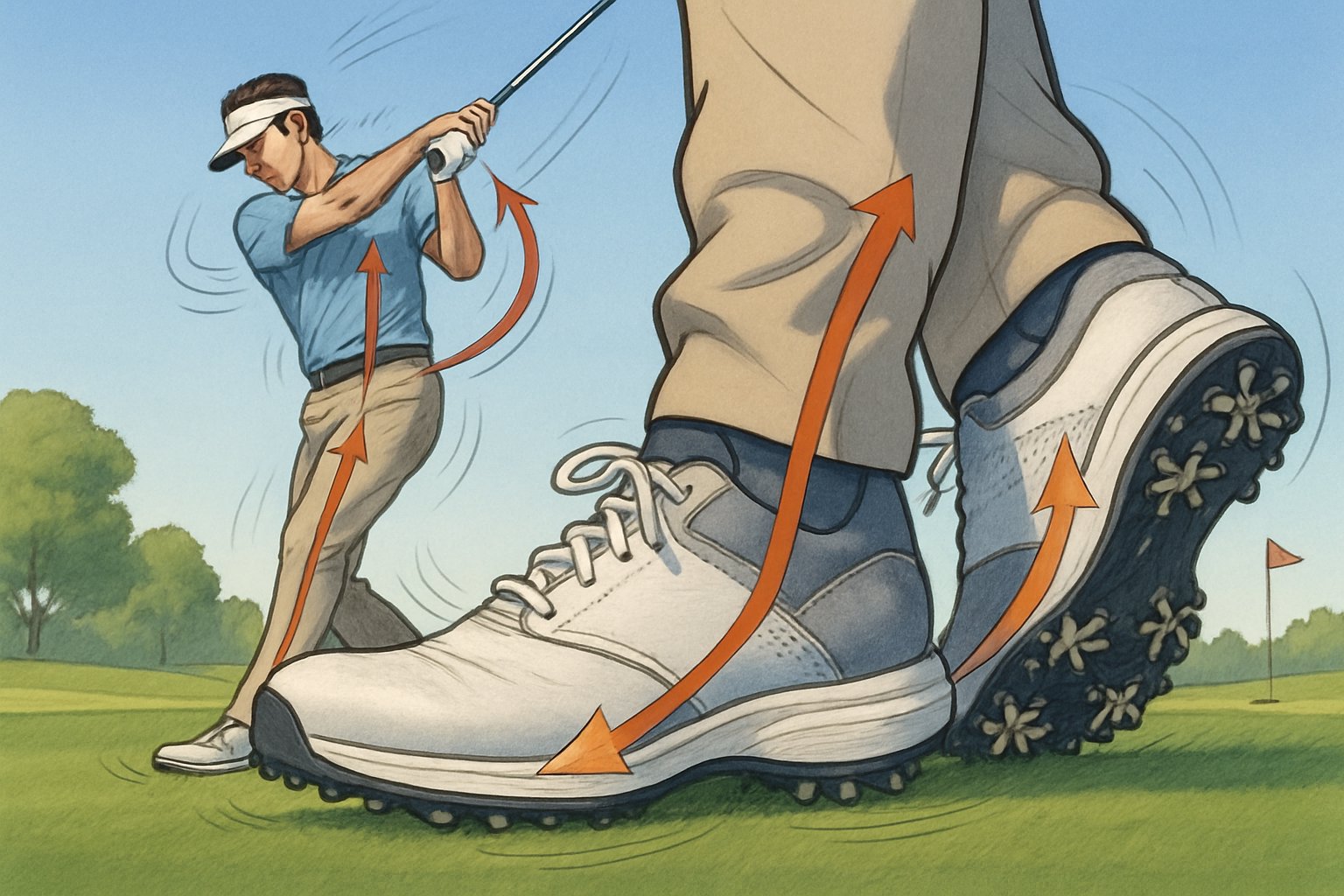 A golfer wearing golf shoes swinging a club on a golf course, showing how his feet and body move together.