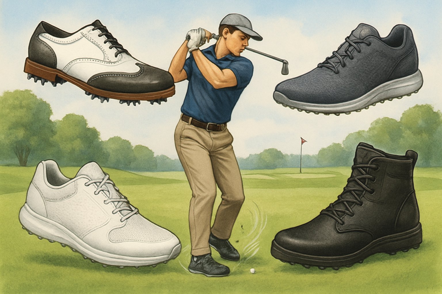A golfer swinging on a golf course with four different types of golf shoes displayed around, highlighting how shoes affect the swing.