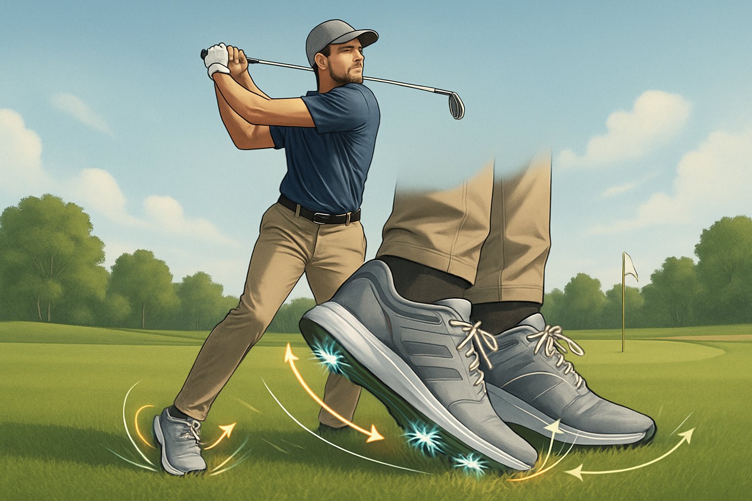 A golfer mid-swing on a golf course wearing golf shoes with highlighted traction, showing how the shoes affect balance and swing.