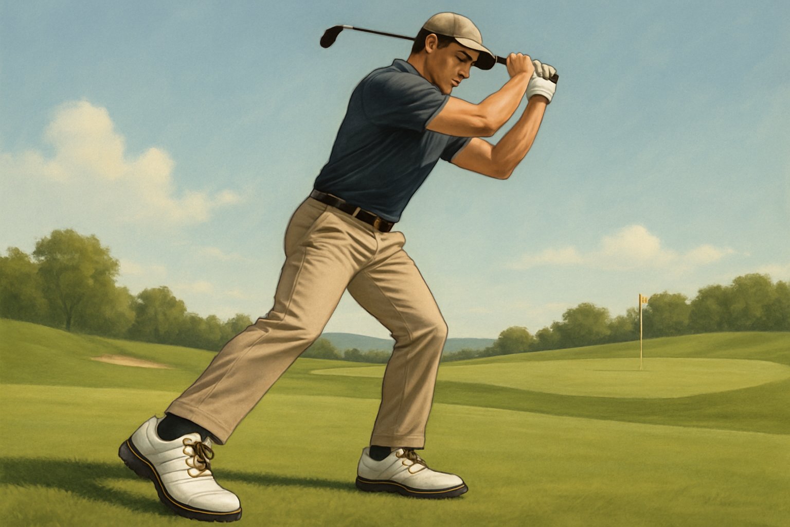 A golfer swinging a club on a green course, with a close-up on their feet wearing golf shoes providing a stable stance.