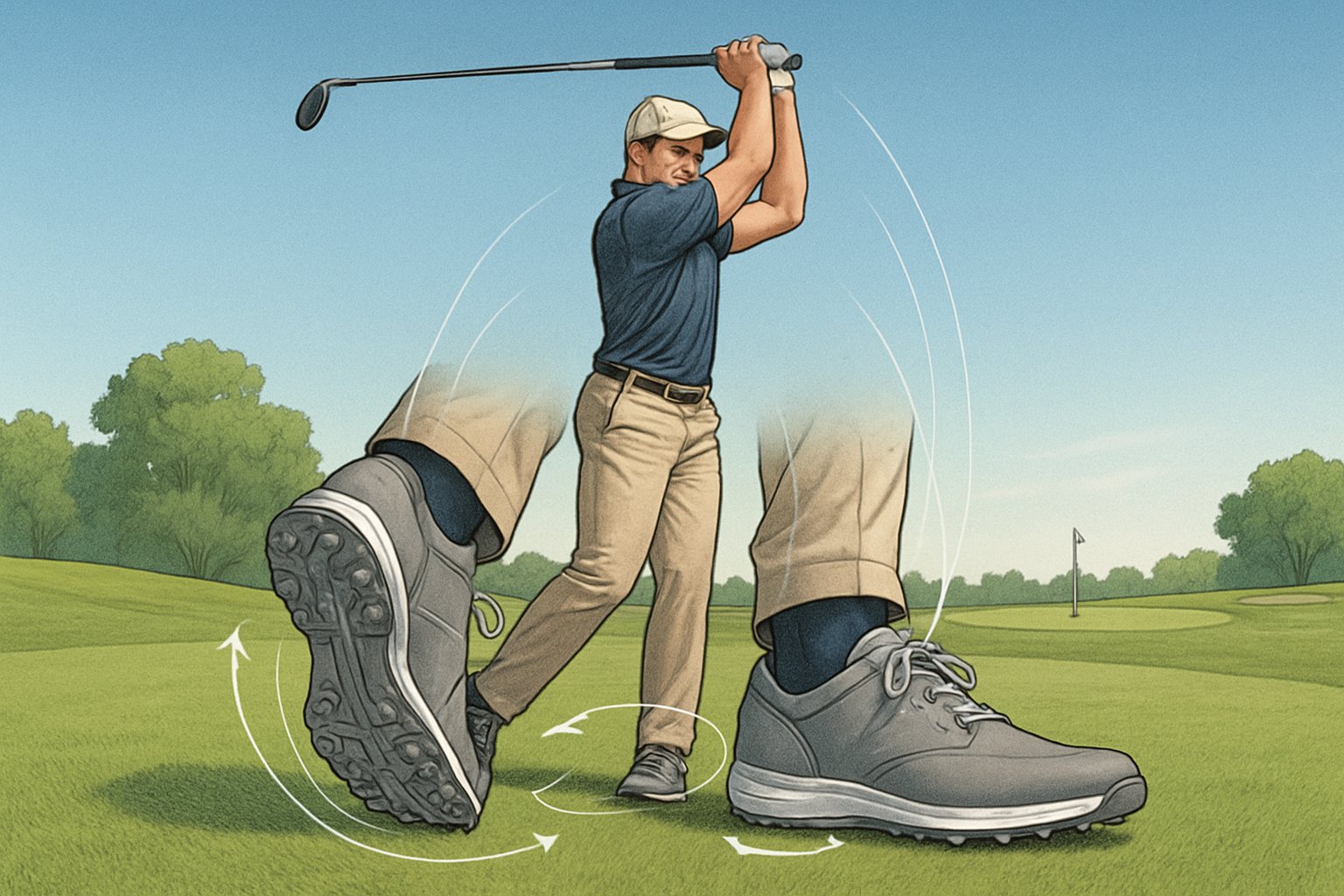 A golfer swinging on a golf course, highlighting his feet wearing golf shoes and showing how foot positioning affects the swing.