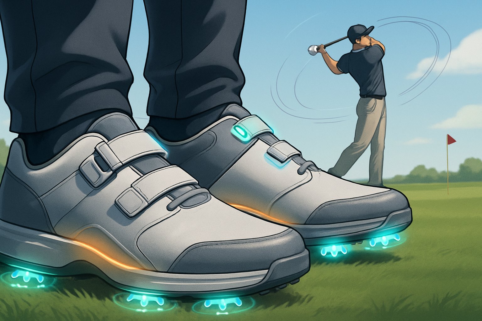 A golfer wearing modern golf shoes with adjustable features stands on a green golf course, swinging a club with motion lines showing the swing path.