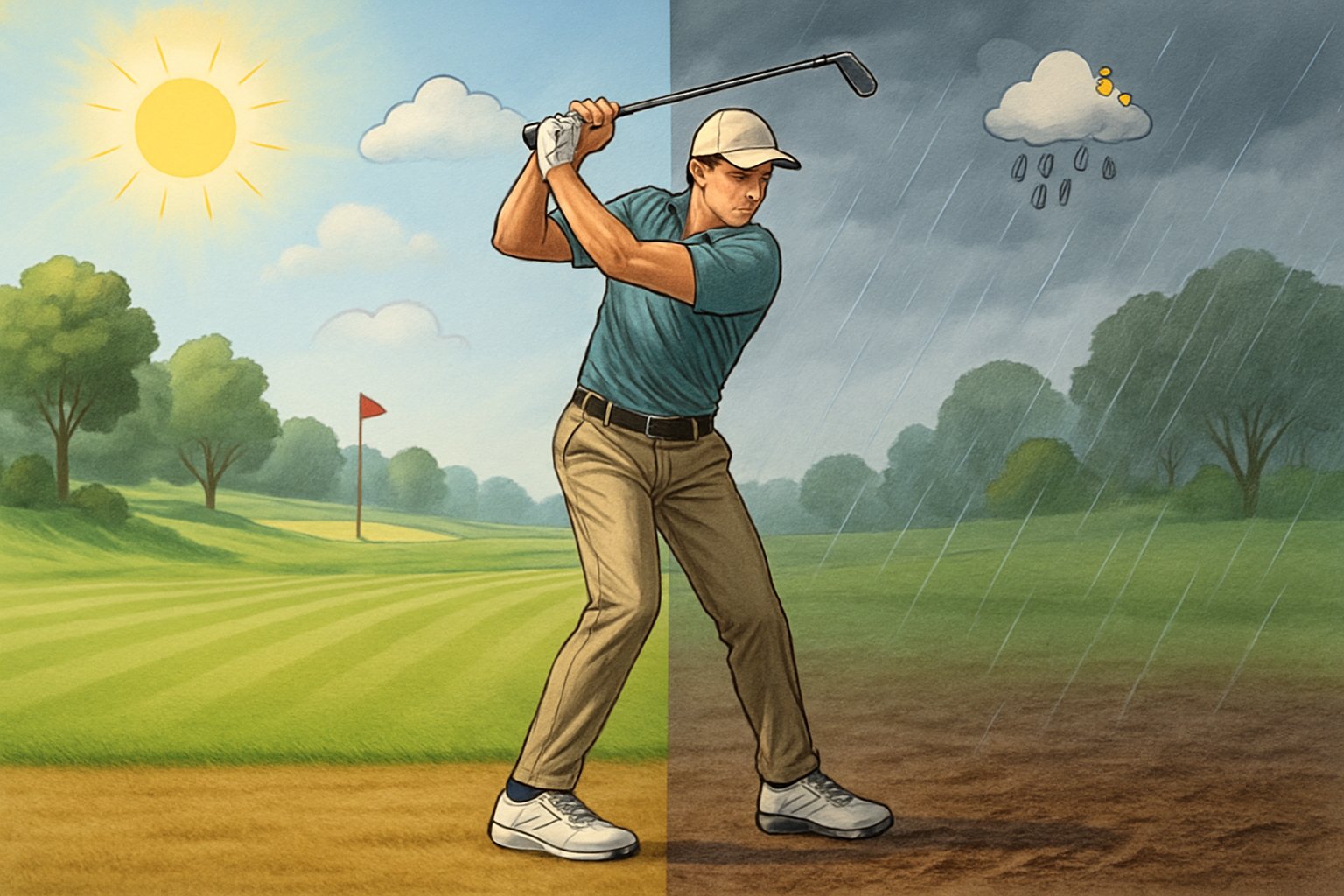 A golfer swinging on a golf course split between sunny dry conditions and rainy wet conditions, wearing different golf shoes suited for each environment.