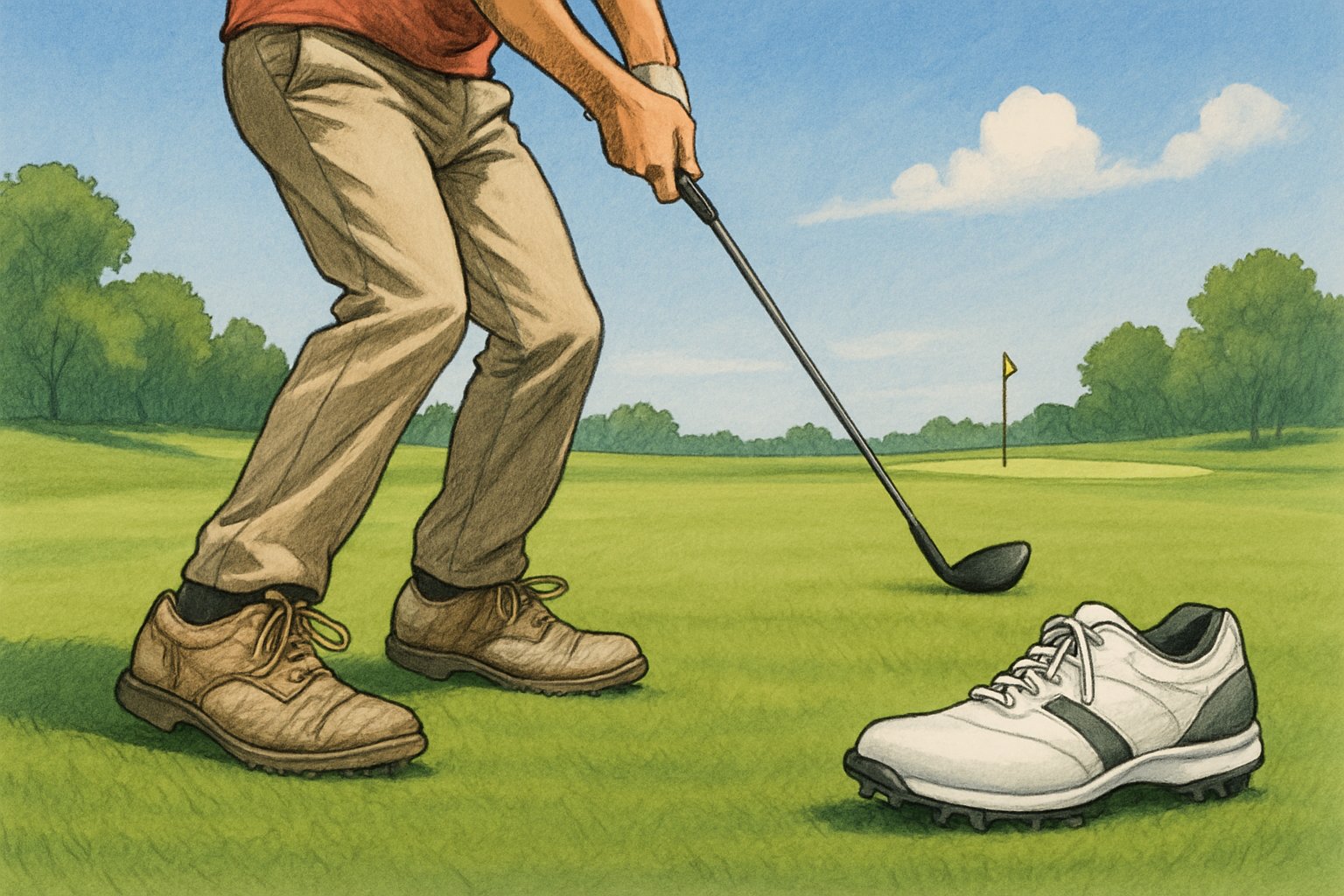 A golfer swinging on a green golf course with worn-out golf shoes, showing how improper footwear affects their stance and swing.