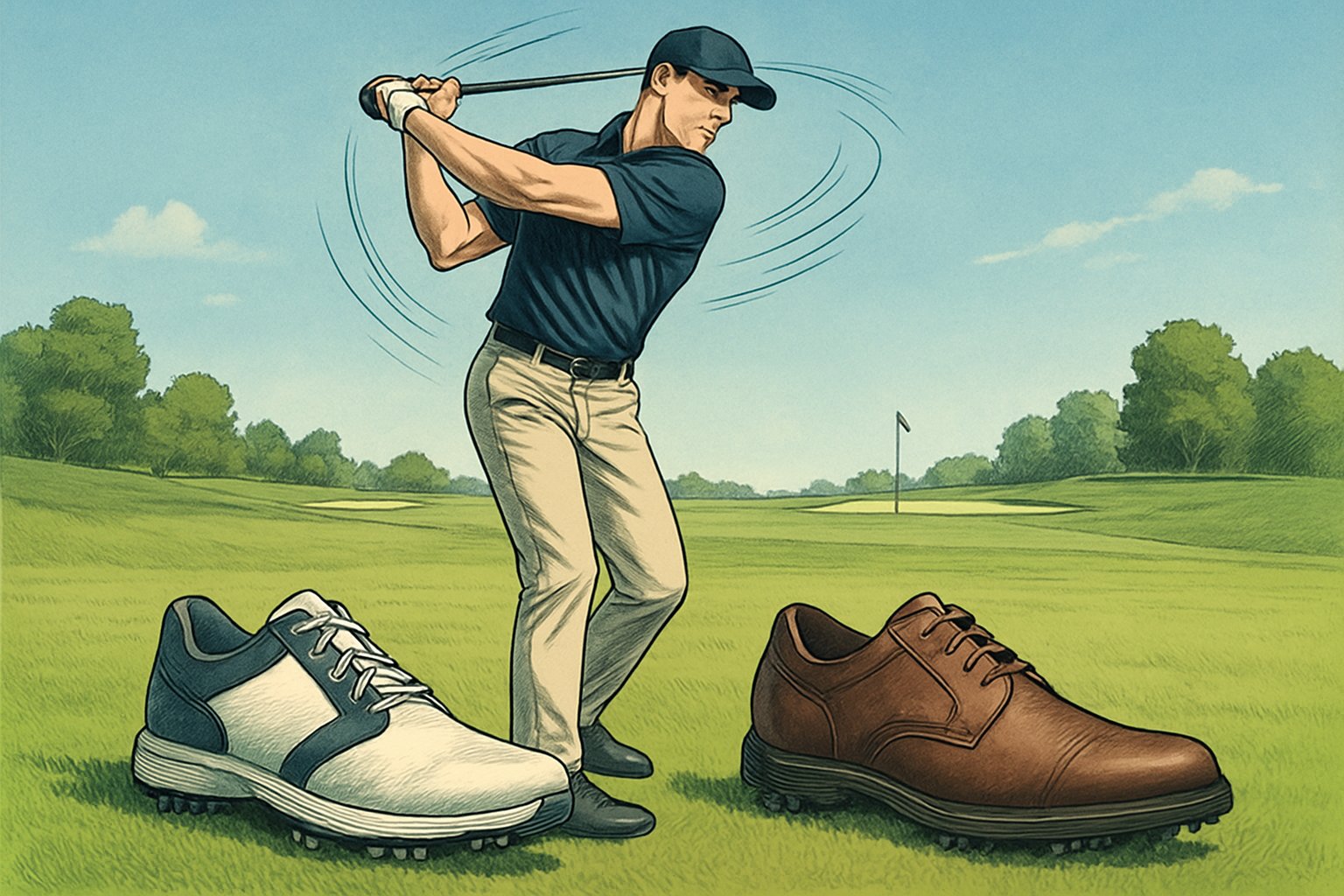 A golfer swinging on a golf course with two pairs of golf shoes displayed on the grass nearby.