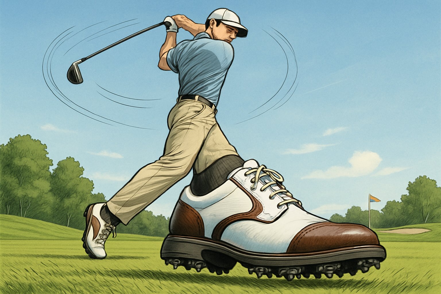 A golfer swinging a club on a green golf course, wearing golf shoes with spikes, showing balanced foot positioning.