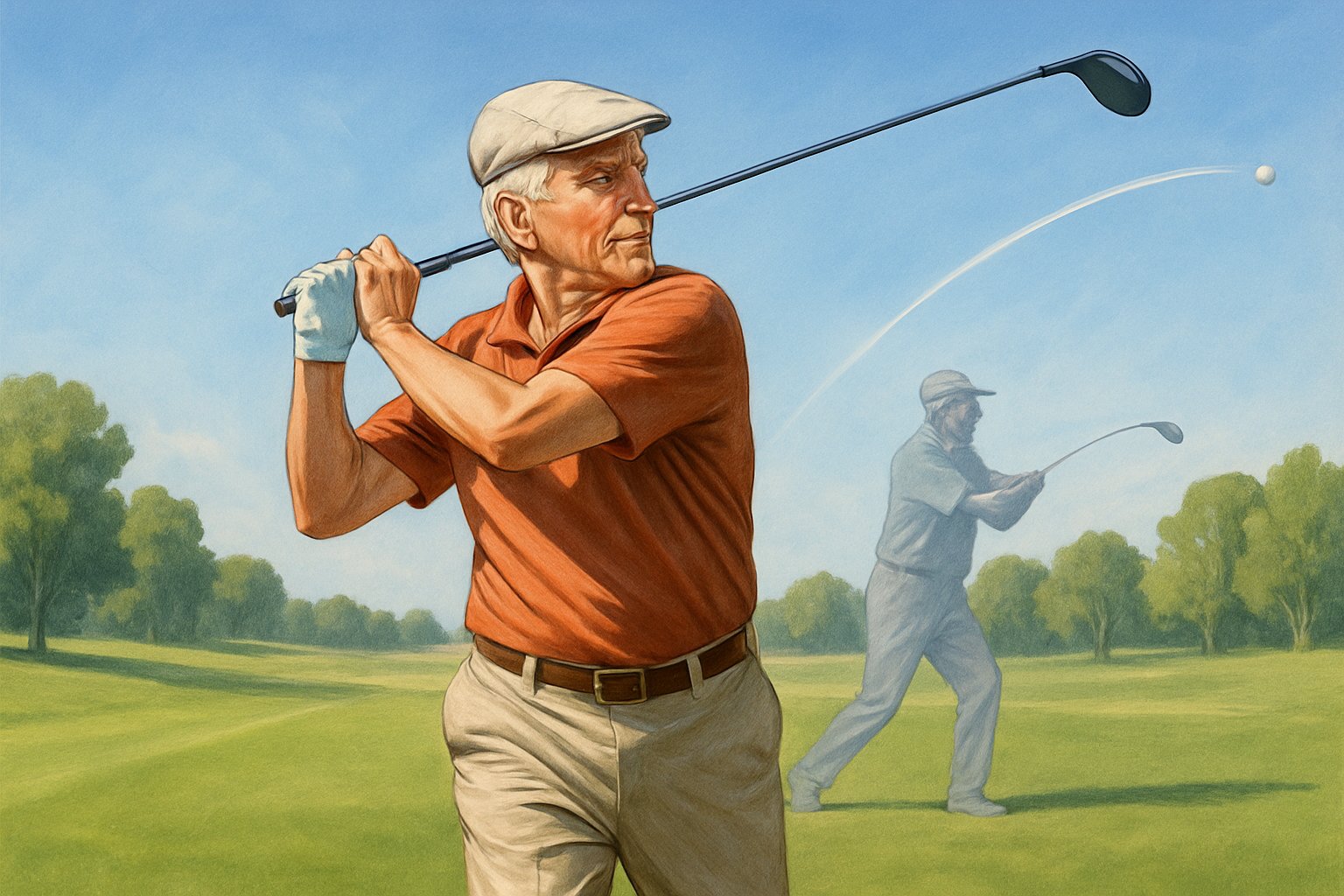 An older man swinging a golf club on a sunny golf course with a golf ball flying far into the distance.