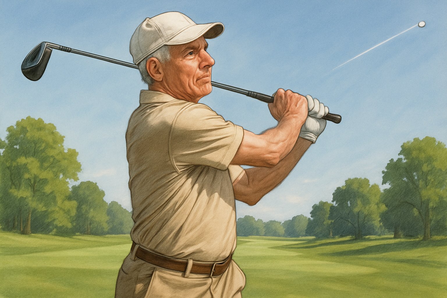 A mature man in his 60s swinging a golf club with a graphite shaft on a sunny golf course, hitting a golf ball that flies far down the fairway.