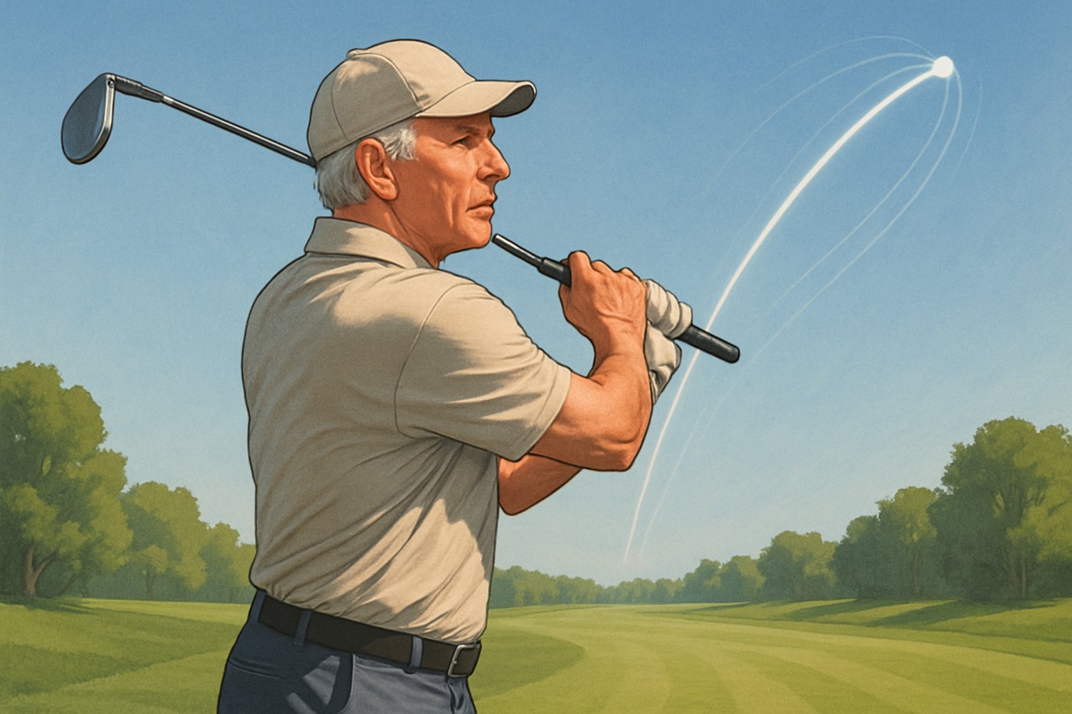 An older man swinging a golf club on a golf course with a ball flying far down the fairway.