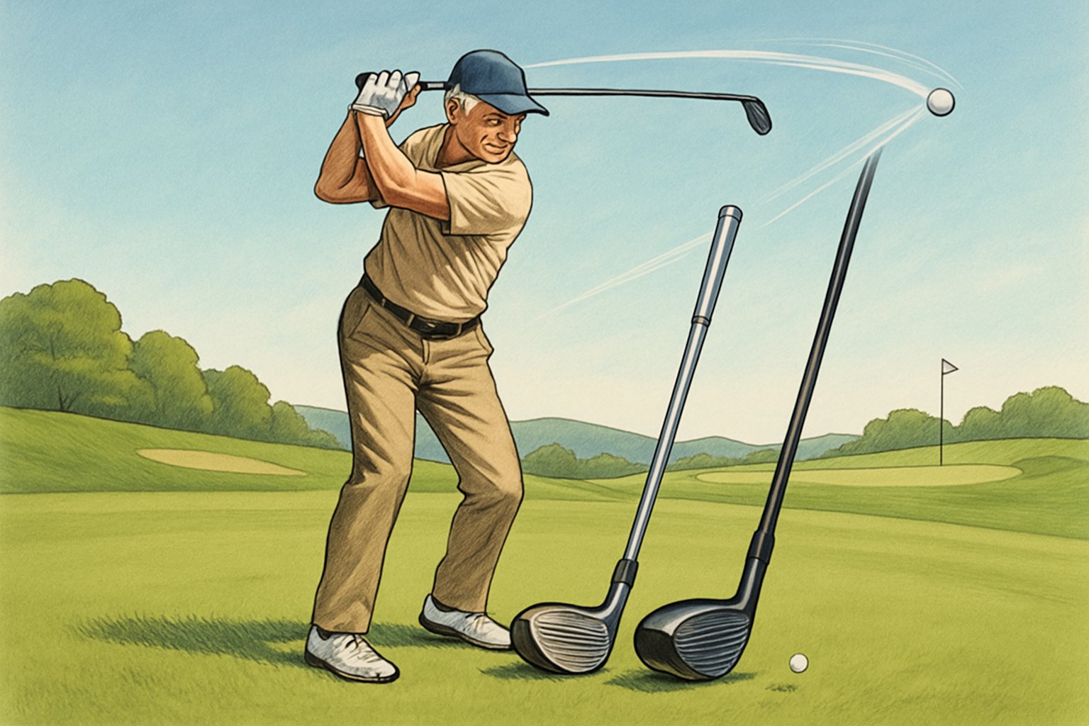 An older man swinging a golf club on a green golf course with two golf clubs on the grass, one with a steel shaft and one with a graphite shaft, under a clear sky.