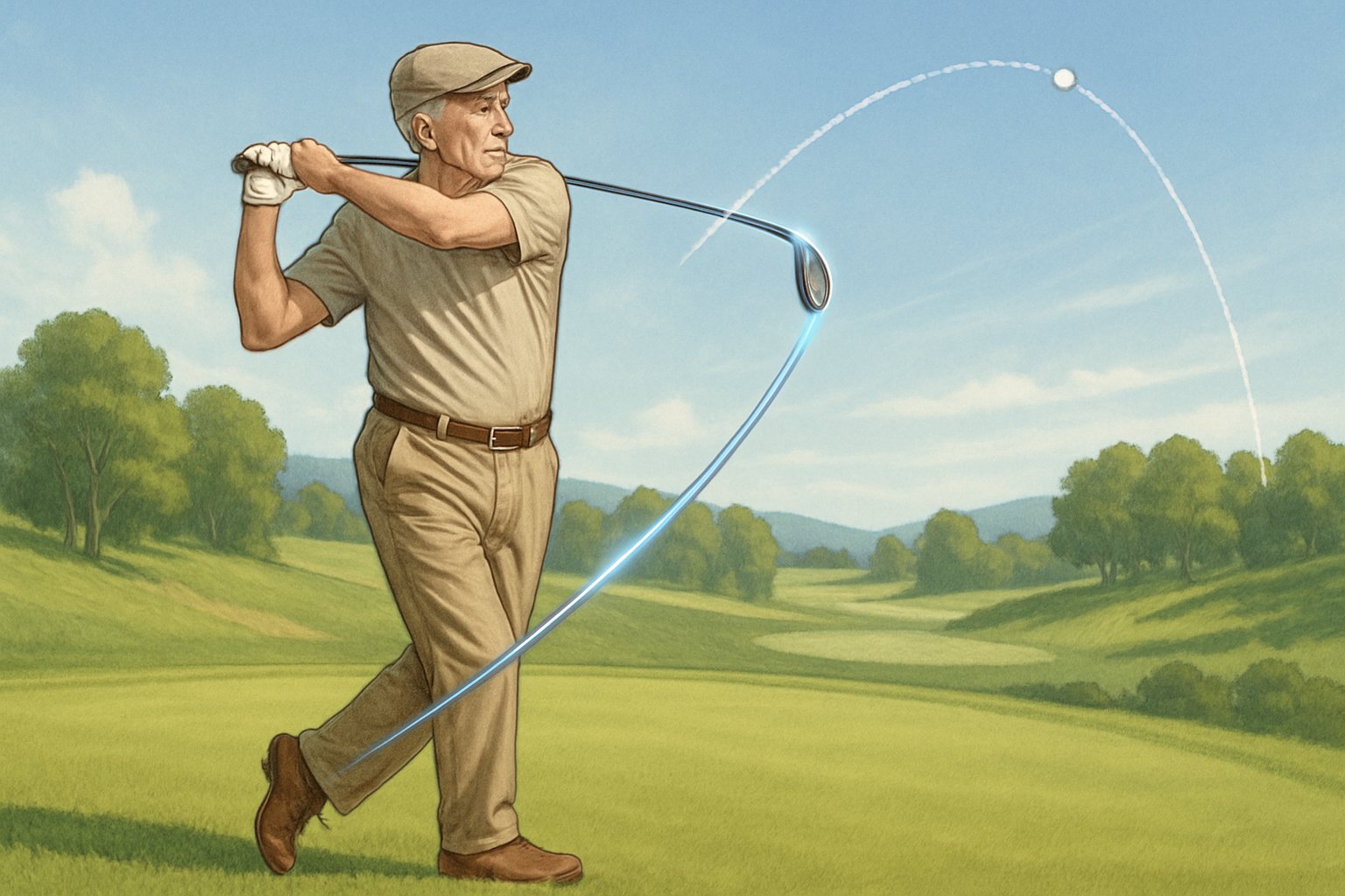 A senior male golfer swinging a golf club with a graphite shaft on a sunny golf course, with a golf ball flying a longer distance.