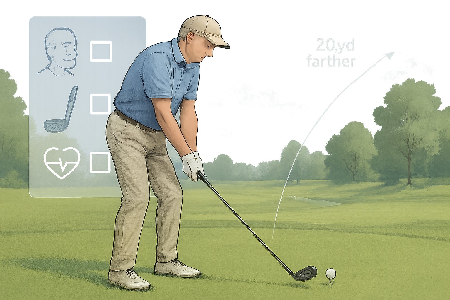 An older man on a golf course preparing to swing a graphite shaft golf club with a faint trajectory line indicating increased distance.
