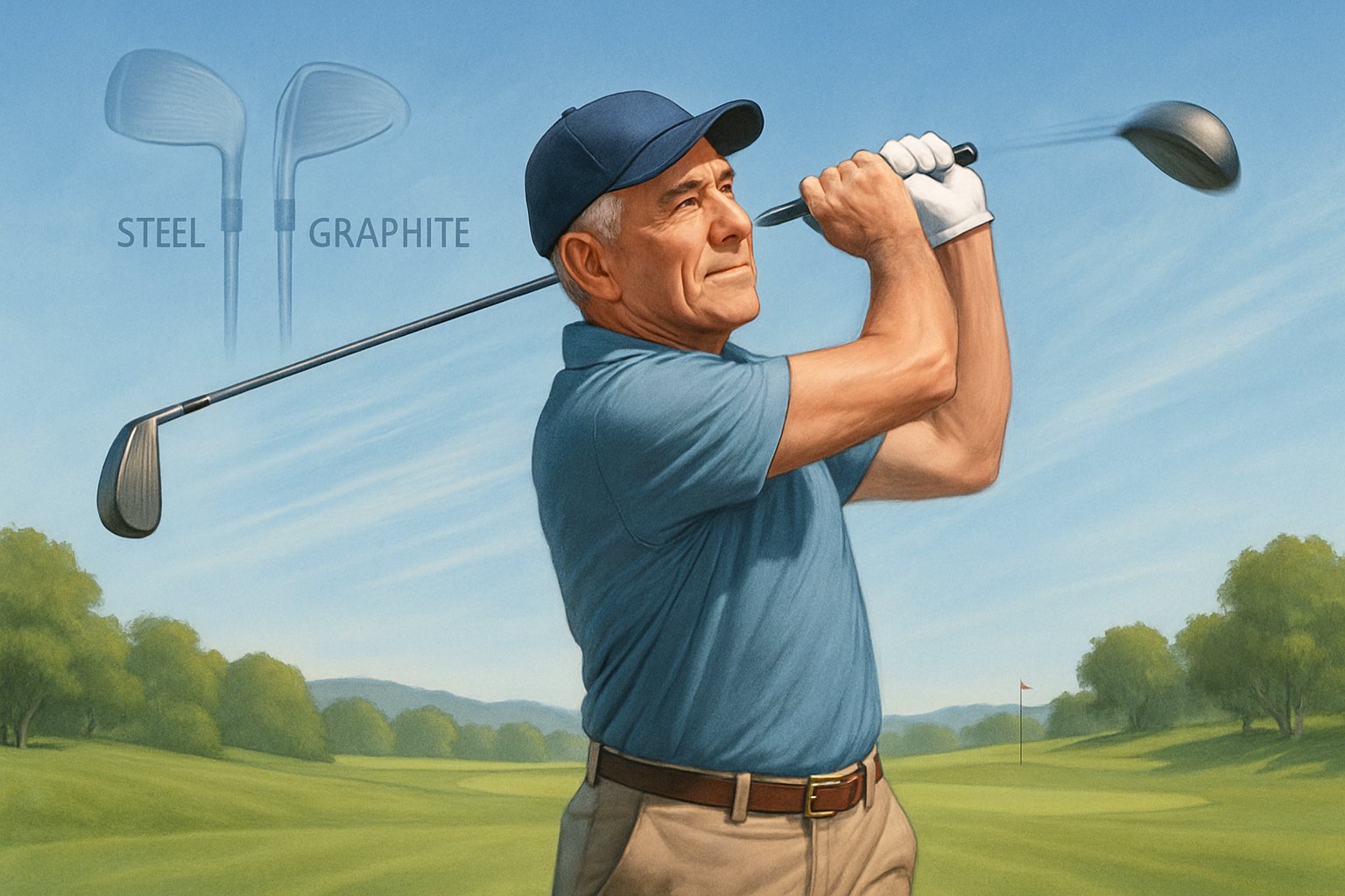 An older male golfer swinging a graphite shaft golf club on a green golf course with a clear sky and rolling hills in the background.
