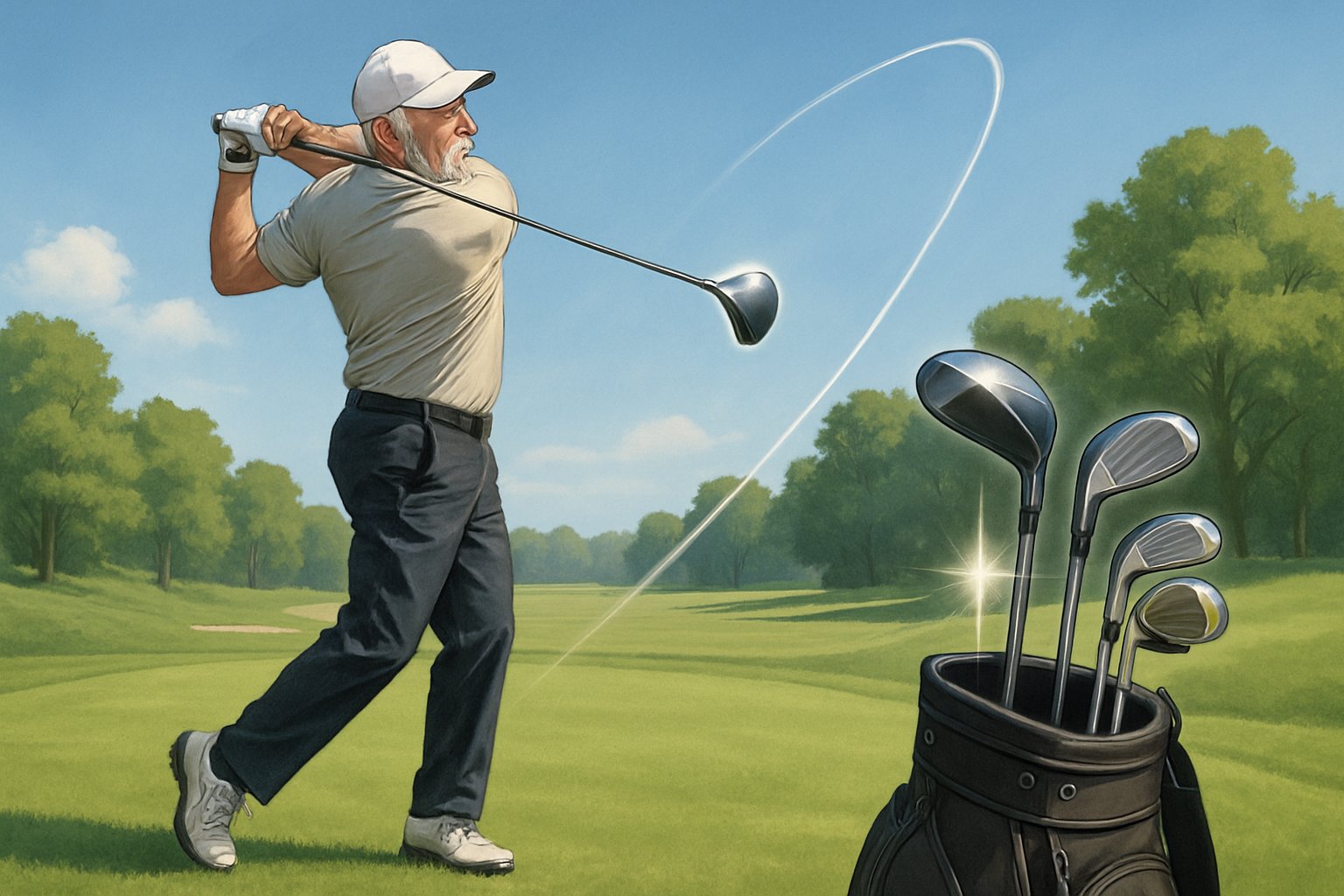 A senior man swinging a golf club with a graphite shaft on a sunny golf course, hitting a long golf shot.