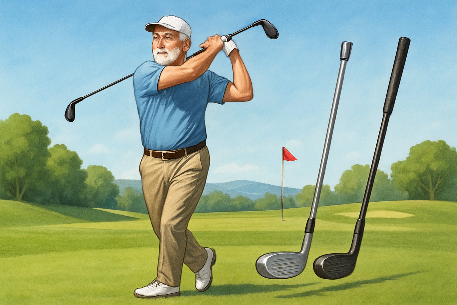 A senior male golfer swinging a graphite shaft golf club on a golf course with rolling hills and a flag in the background.