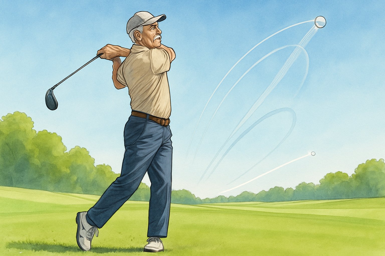 An older man swinging a golf club on a sunny golf course with a golf ball flying far down the fairway.