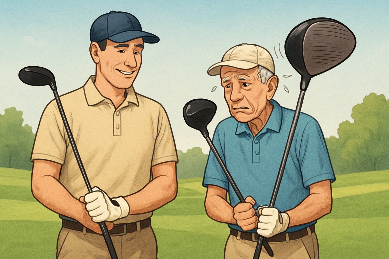 Two men on a golf course, one middle-aged and one elderly, each holding a golf driver, with the elderly man appearing to struggle with a heavier club.